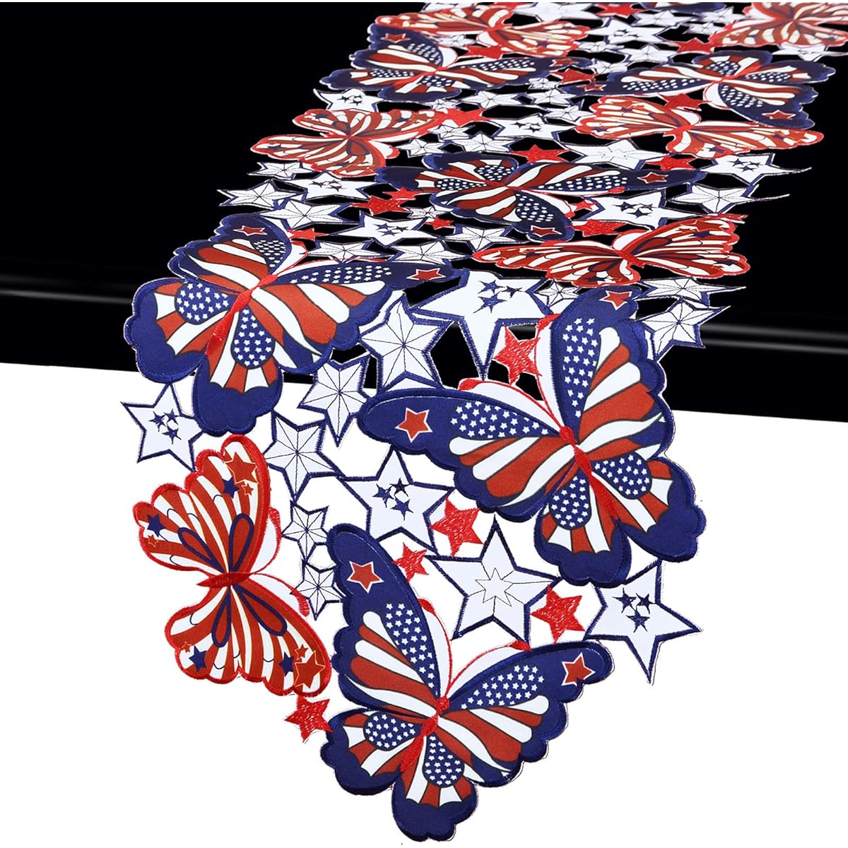 Simhomsen Embroidered 4th of July Holiday Red White Blue Patriotic Table Runner American Independence Day Memorial Day Embroidered Stars and Butterflies (14" x 54")