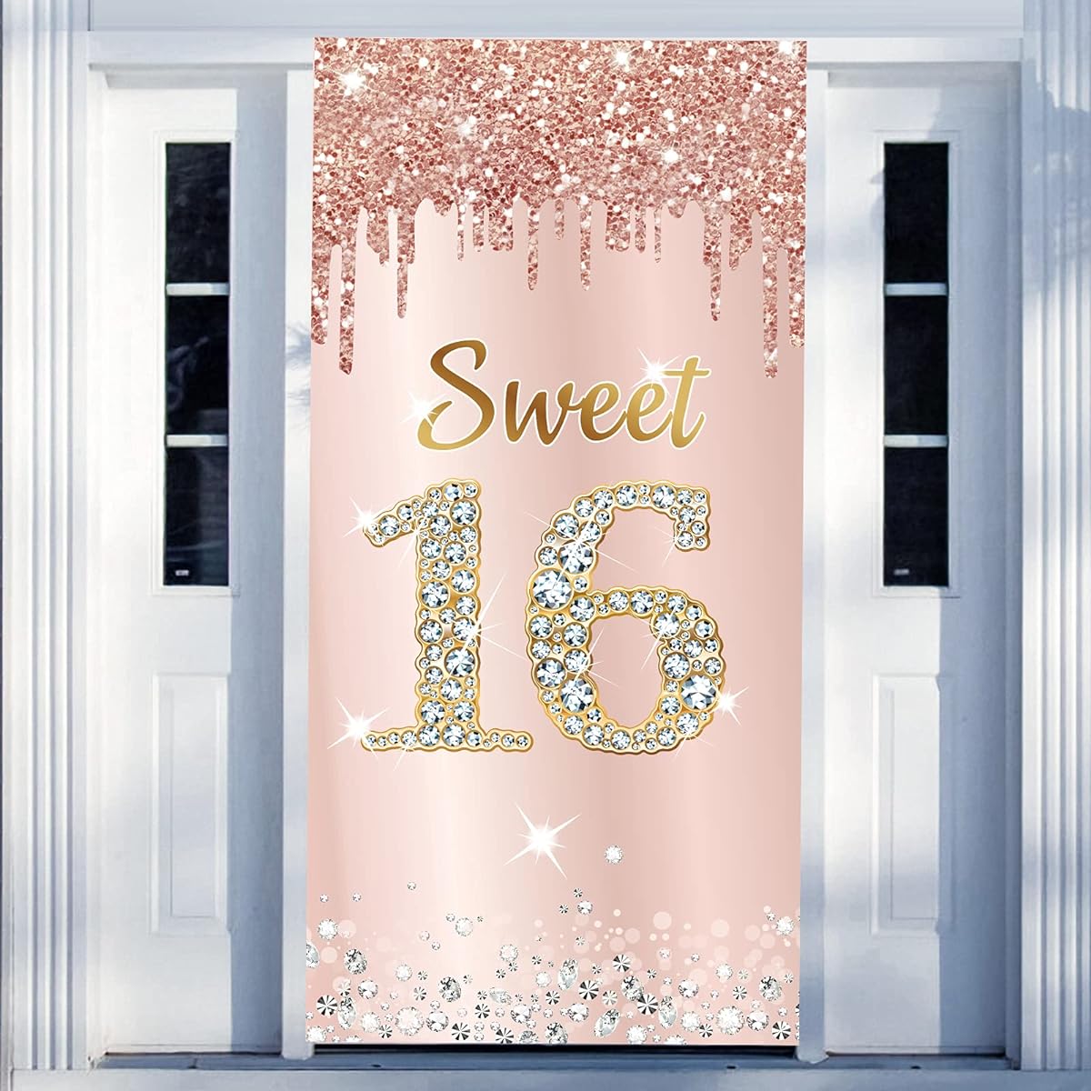 Sweet 16th Birthday Door Banner Backdrop Decoration for Girls Pink Rose Gold Happy 16th Birthday Party Door Cover Sign Supplies 16th Birthday Poster Photo Booth Props Decor
