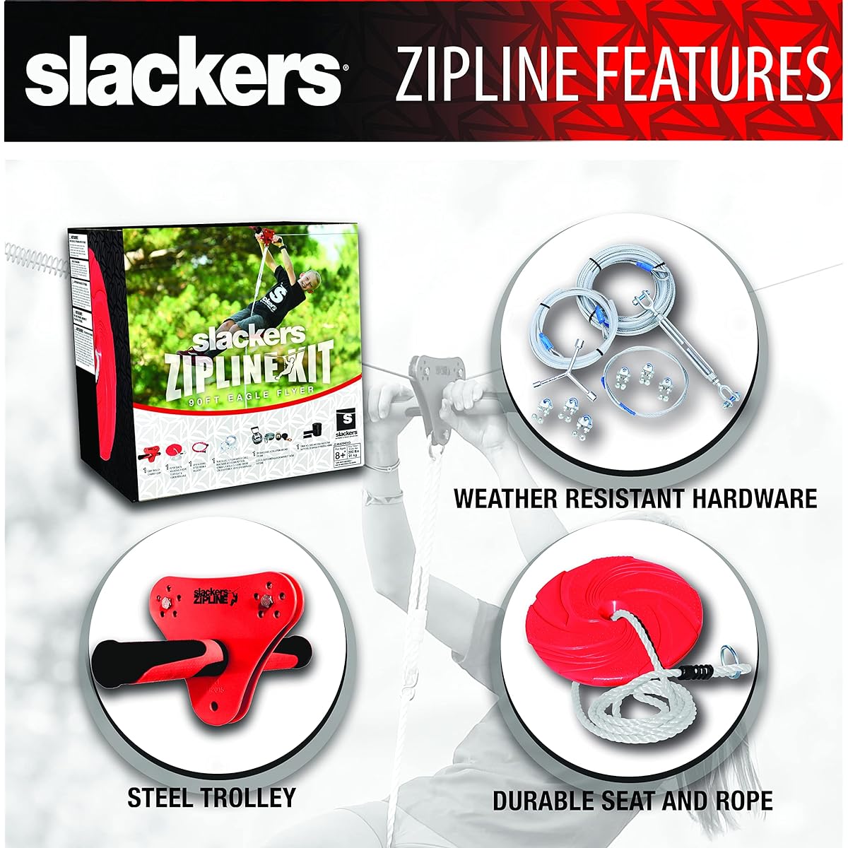 Slackers 90' Eagle Series Zipline Kit - Kids Zipline Kit with Safety Zip Spring Brake & Zip Quick Ratchet System for Quick Setup - Great Zipline Kit for Kids and Teens - Recommended for ages 8 and up
