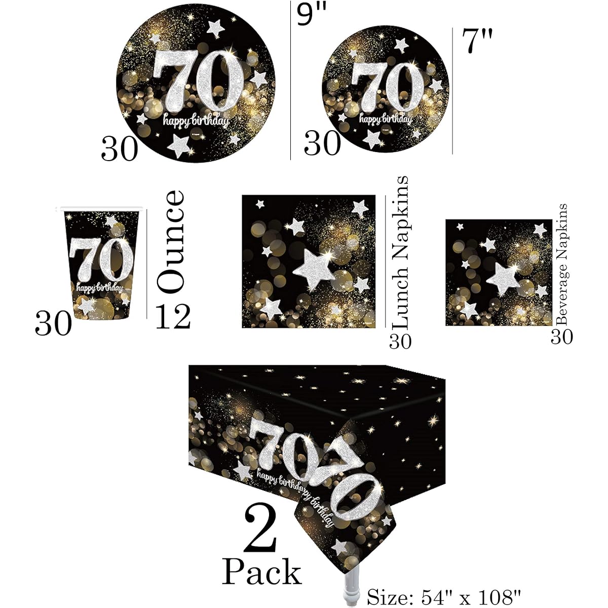 30 Servings | Ultimate 70th Party Pack | 70th Birthday | 9" Dinner Paper Plate | 7" Dessert Paper Plate 12oz Cup 3 Layer Lunch & Drink Napkins