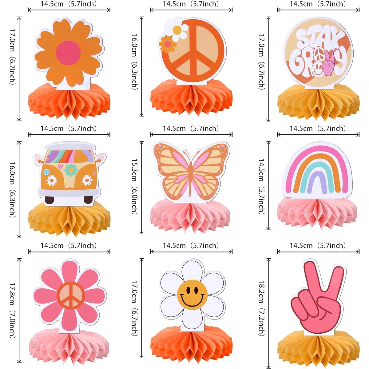 9 Piece Hippie Party Honeycomb Table Centerpiece Peace Sign Hand Butterfly Daisy Flower Bath 60s Retro Boho 2 Groovy Table Toppers Centerpiece Hippie Carnival Birthday Party Supplies