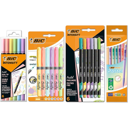 BIC Pastel Desk Set with Markers, Mechanical Pencils, Highlighters and Fine Tip Markers - Ink and Body in Assorted Pastel Colors, Pack of 23