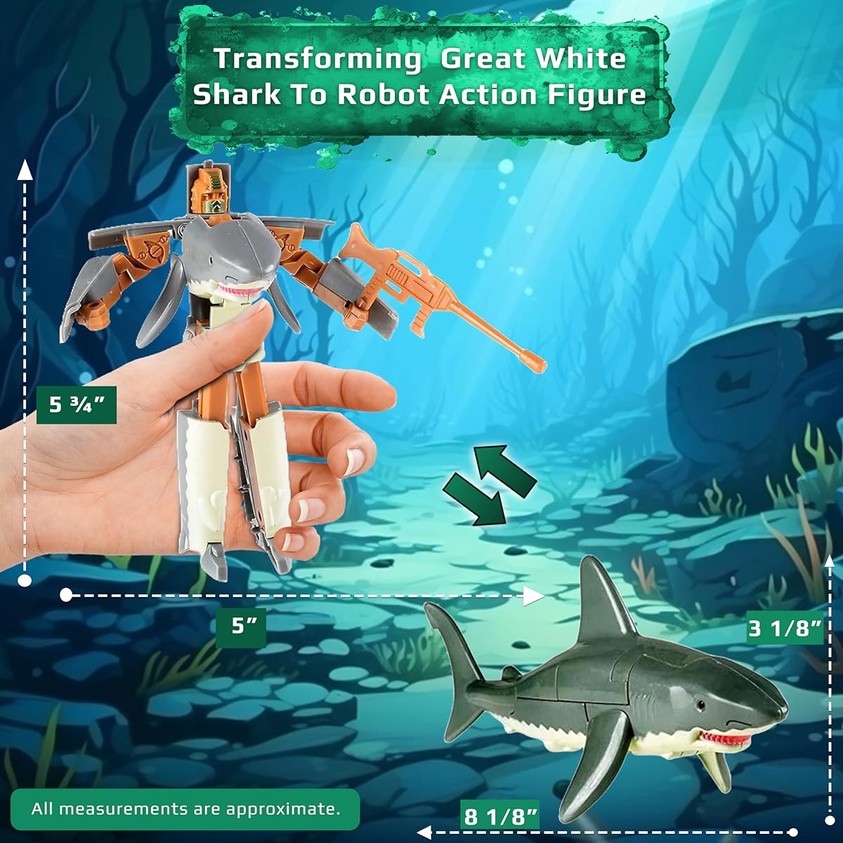 Forest & Twelfth 5" Shark Animal Toy - Transforming Action Figure - Changes from Detailed Animal Toy to Unique Robot Toy in Seconds - Great Gift for Both Girls and Boys (5" Shark)