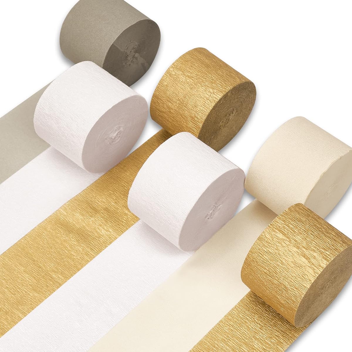 PartyWoo Crepe Paper Streamers 6 Rolls 54ft Metallic Gold Ivory Sand White White Crepe Paper for Birthday Decorations Party Decorations Baby Shower Decorations (1.8" x 82ft/Roll)