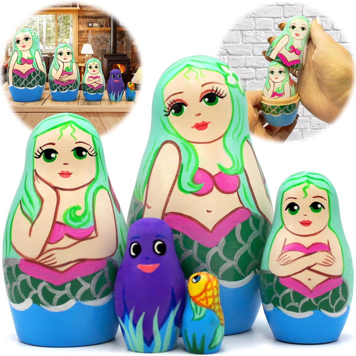 AEVVV Little Mermaid Nesting Dolls 5pcs - Mermaid Matryoshka Dolls - Wooden Russian Stacking Mermaid Dolls - Little Mermaid Gifts for Women