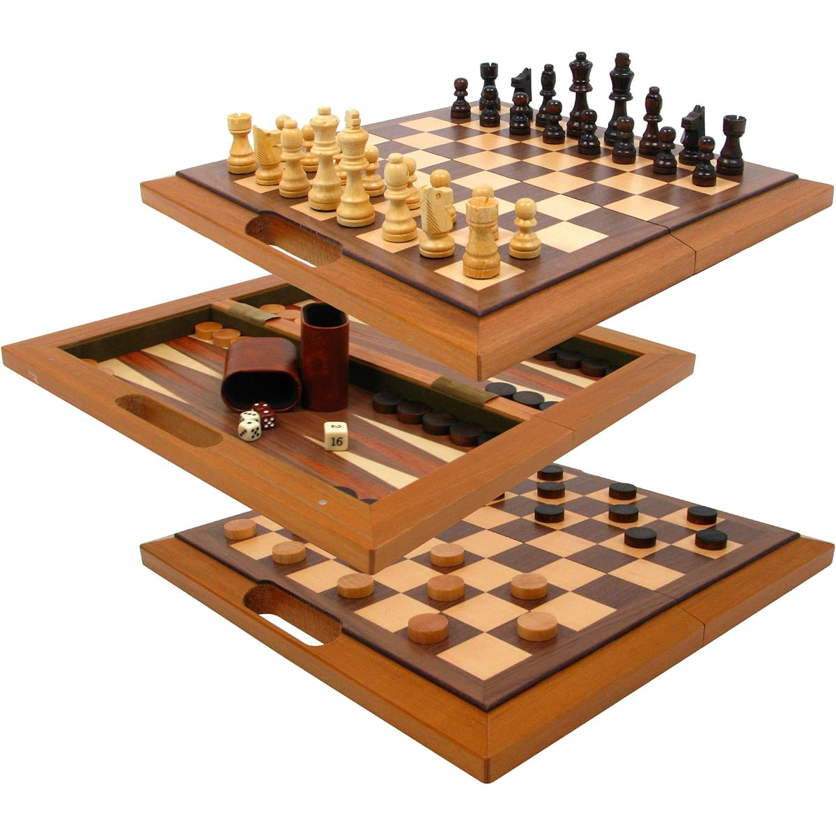 Folding Wood 3-in-1 Combo Chess, Checker & Backgammon Set - Includes Bonus Dice