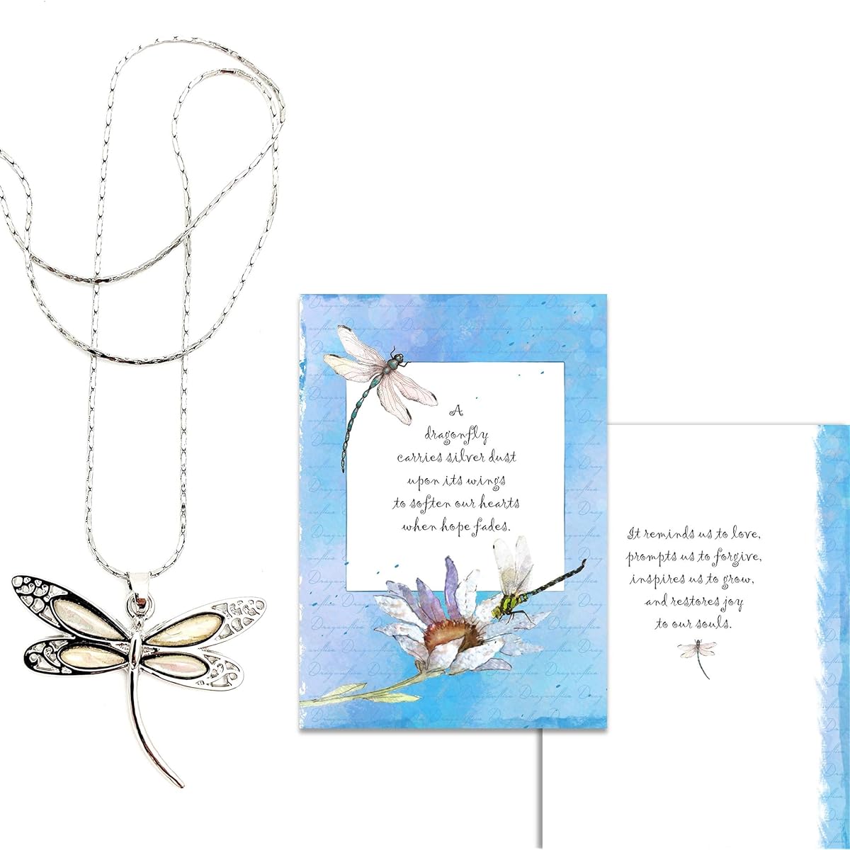 Smiling Wisdom - White Avalon Shell Dragonfly Gift Set - Restore Hope and Joy - Dragonfly Greeting Card - For Her Women Teen - Stainless Steel Cobra Chain - Silver & Opal Color
