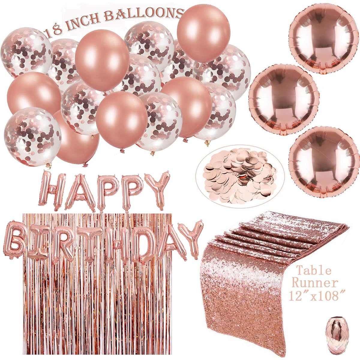 24 Pack Rose Gold Party Decorations | 16 R Gold Balloons 18 Inch + Table Runner + Happy Birthday + R Gold Curtain + 30m Ribbon + 700pcs R Gold Table Confetti | Birthday Party Combo