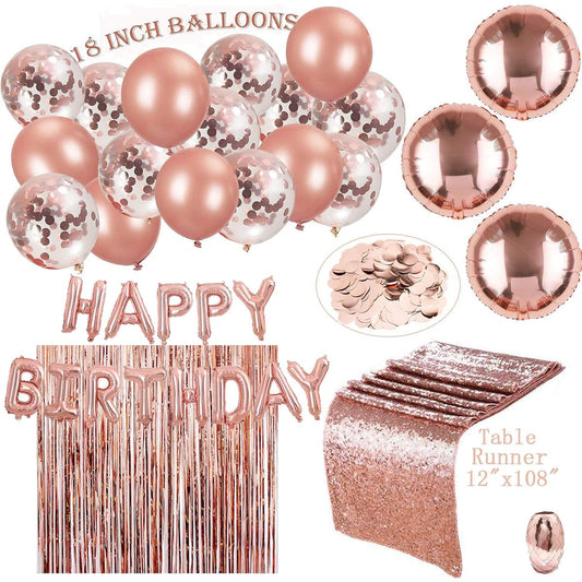 24 Pack Rose Gold Party Decorations | 16 R Gold Balloons 18 Inch + Table Runner + Happy Birthday + R Gold Curtain + 30m Ribbon + 700pcs R Gold Table Confetti | Birthday Party Combo