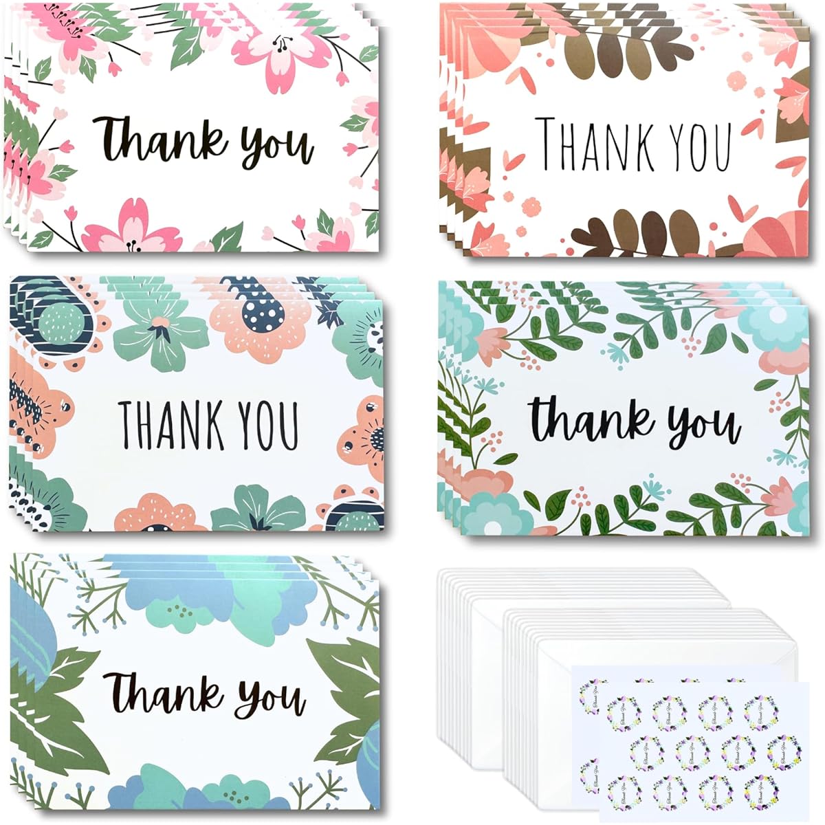 EBEGEE Thank You Cards - 20 Pack with Envelopes and Stickers - Blank 4x6 Inch Note Cards, 5 Designs for Weddings, Baby Showers, Small Businesses (Leaf)