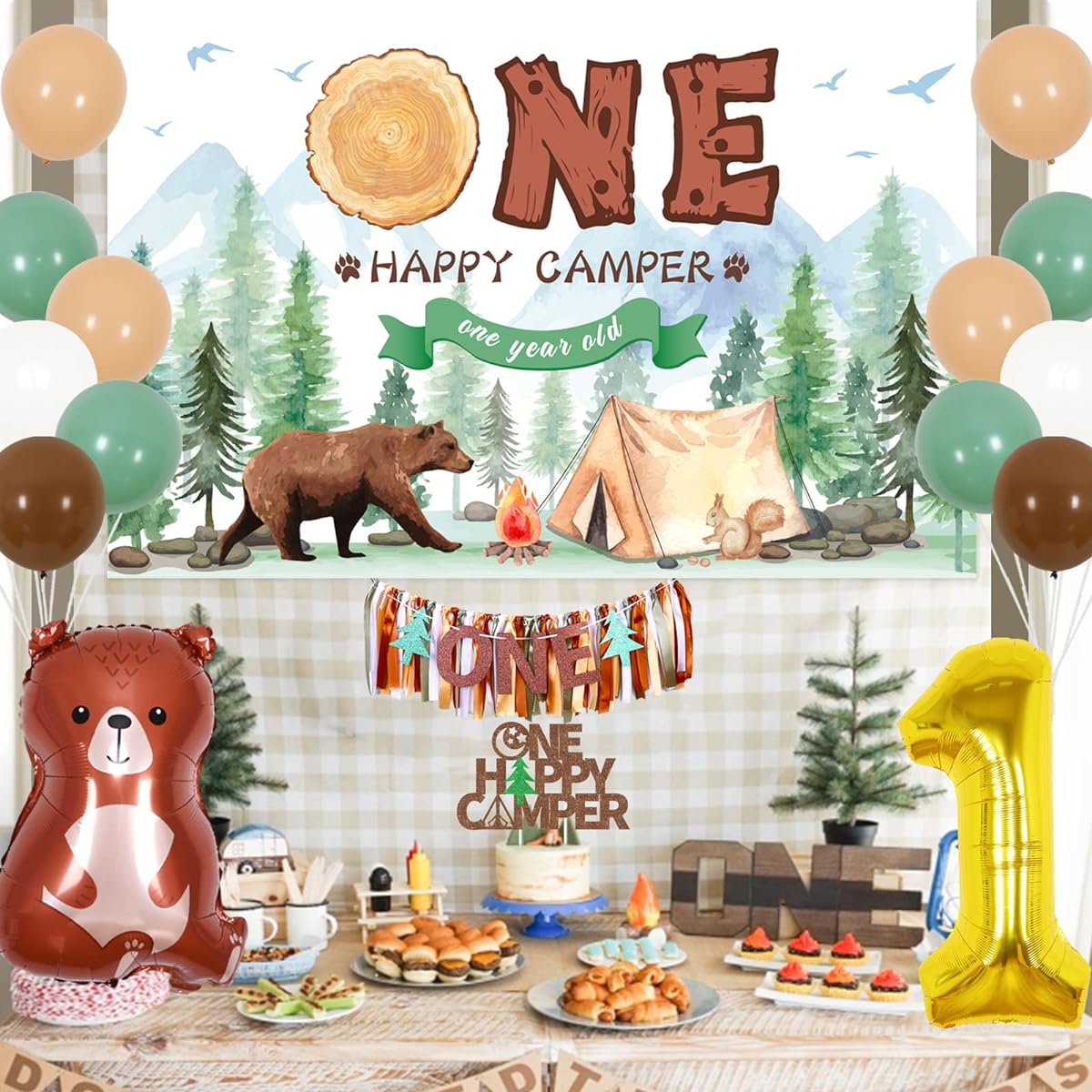 Camping 1st Birthday Decorations - One Happy Camper Birthday Decorations Banner,Backdrop Glitter,Cake Topper,Highchair Banner,Number 1 Woodland Bear Foil Balloons for 1st Birthday Party