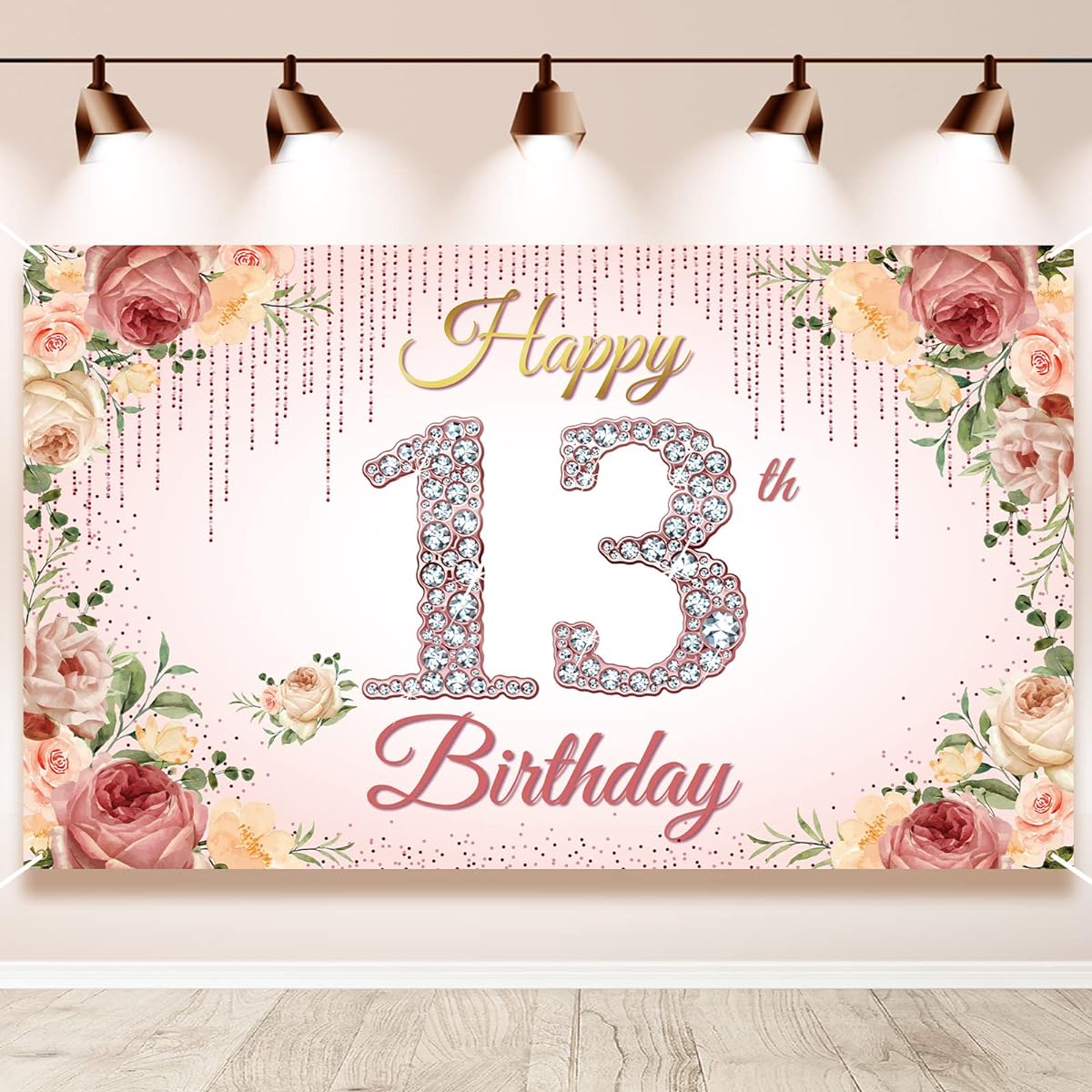 HTDZZI 13th Birthday Decorations, Rose Gold Happy 13th Birthday Backdrop for Girls Pink Floral 13th Birthday Party Yard Sign Photo Booth Props Decor Fabric 6' x 3'
