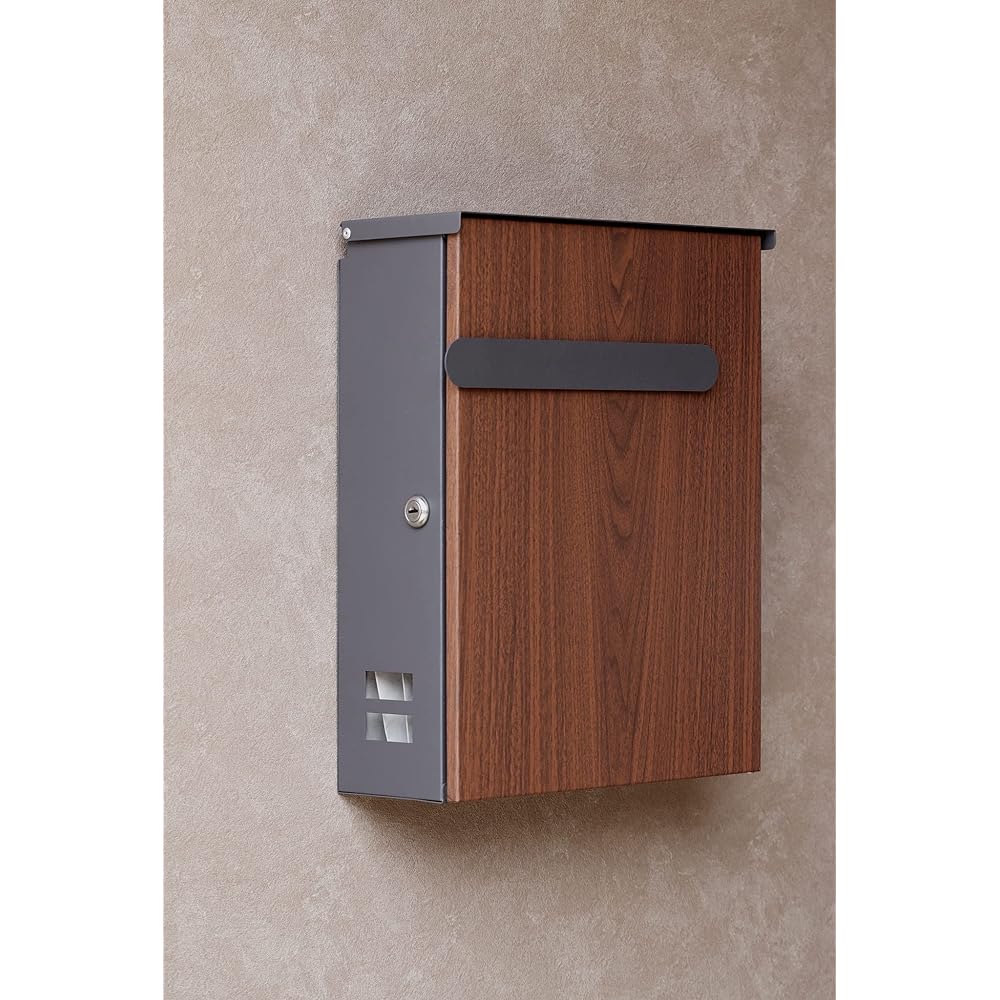 MOJYU Wall Hanging Post Berta Dark Gray/Brown Wood Grain WM-008 Post Mail Box Stylish Mailbox Delivery Box Scandinavian Style with Lock Wall Hanging Entrance Home Use