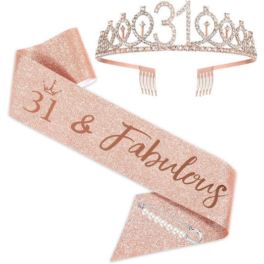 31st Birthday Sash and Tiara for Women, Rose Gold Birthday Sash Crown 31 & Fabulous Sash and Tiara for Women, 31st Birthday Gifts, 31st Birthday Party Favors Supplies