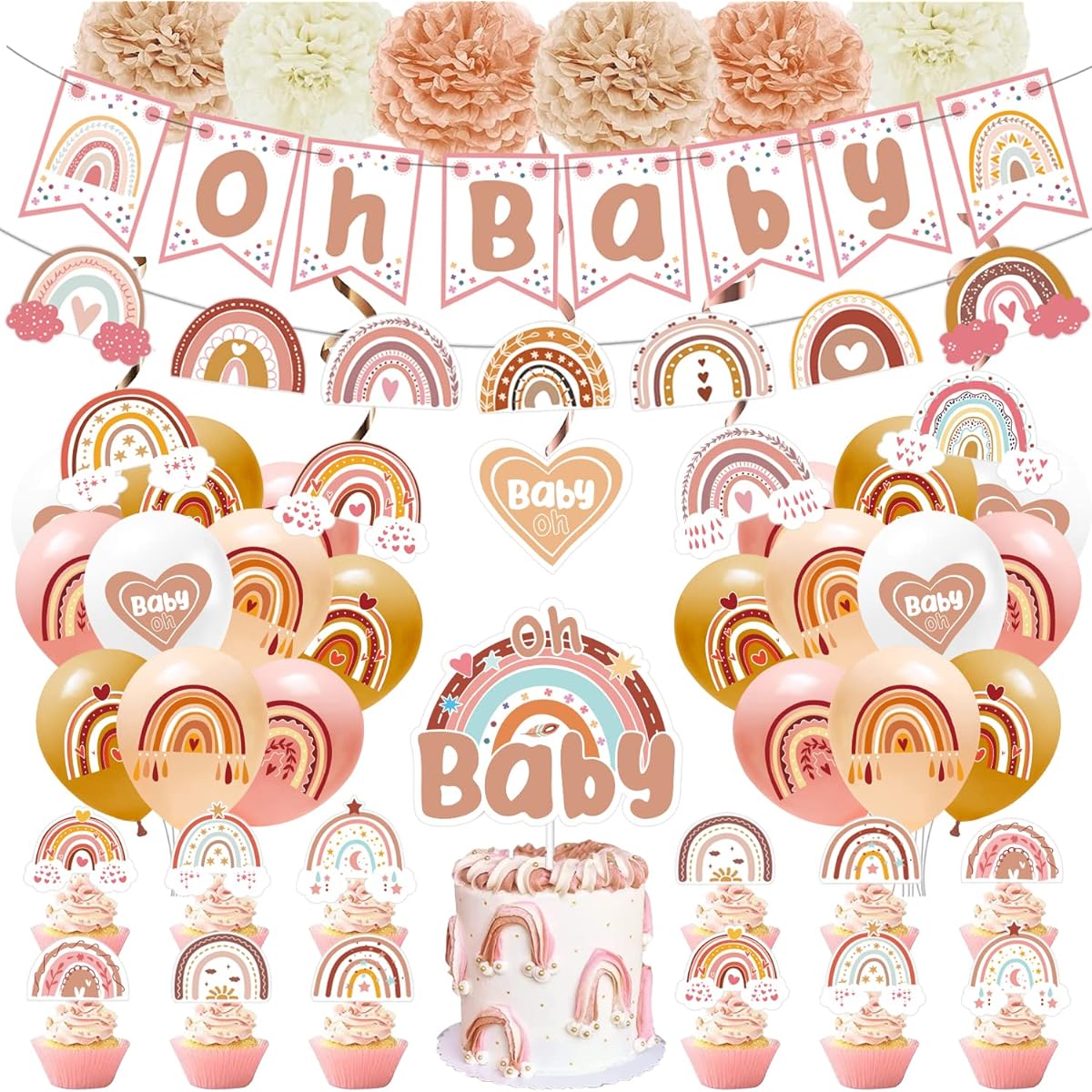 Boho Rainbow Baby Shower Decorations - Oh Baby Rainbow Baby Shower Banner, Bohemian Balloons, Rainbow Dangling Swirls, Rainbow Cake Topper, Boy Girl Neutral Baby Shower Decor, Party Supplies