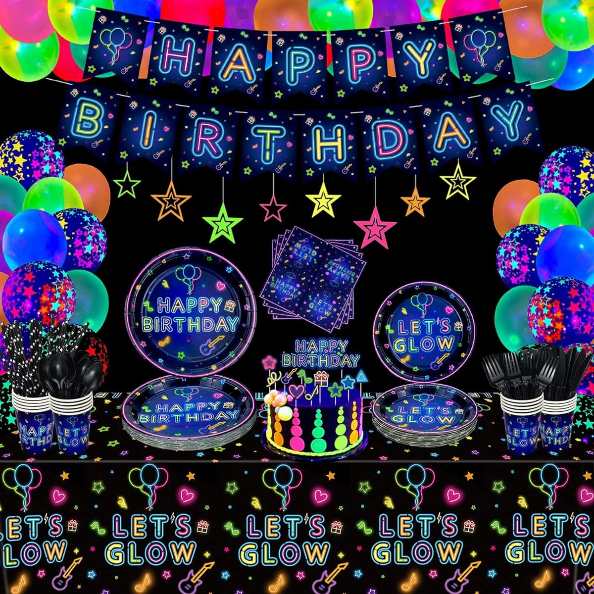 230pcs Let's Glow Neon Party Supplies, Glow Party Tableware Set, Neon Balloons, Glow in the Dark Birthday Banner, Hanging Stars, Cake Toppers for Black Light Party Decorations, Serves 20