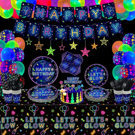 230pcs Let's Glow Neon Party Supplies, Glow Party Tableware Set, Neon Balloons, Glow in the Dark Birthday Banner, Hanging Stars, Cake Toppers for Black Light Party Decorations, Serves 20