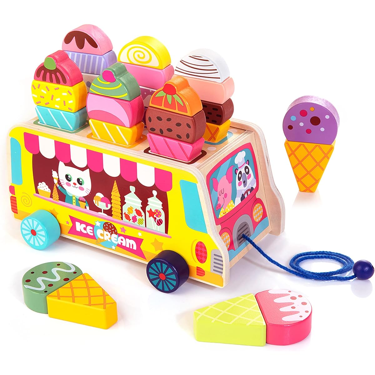 HELLOWOOD Wooden Ice Cream Truck, 28 Pieces Magnetic Ice Cream Sweet Treats Pretend Play Food and Accessories Montessori Sorting & Stacking Toy for Toddlers Girls & Boys Ages 2-5