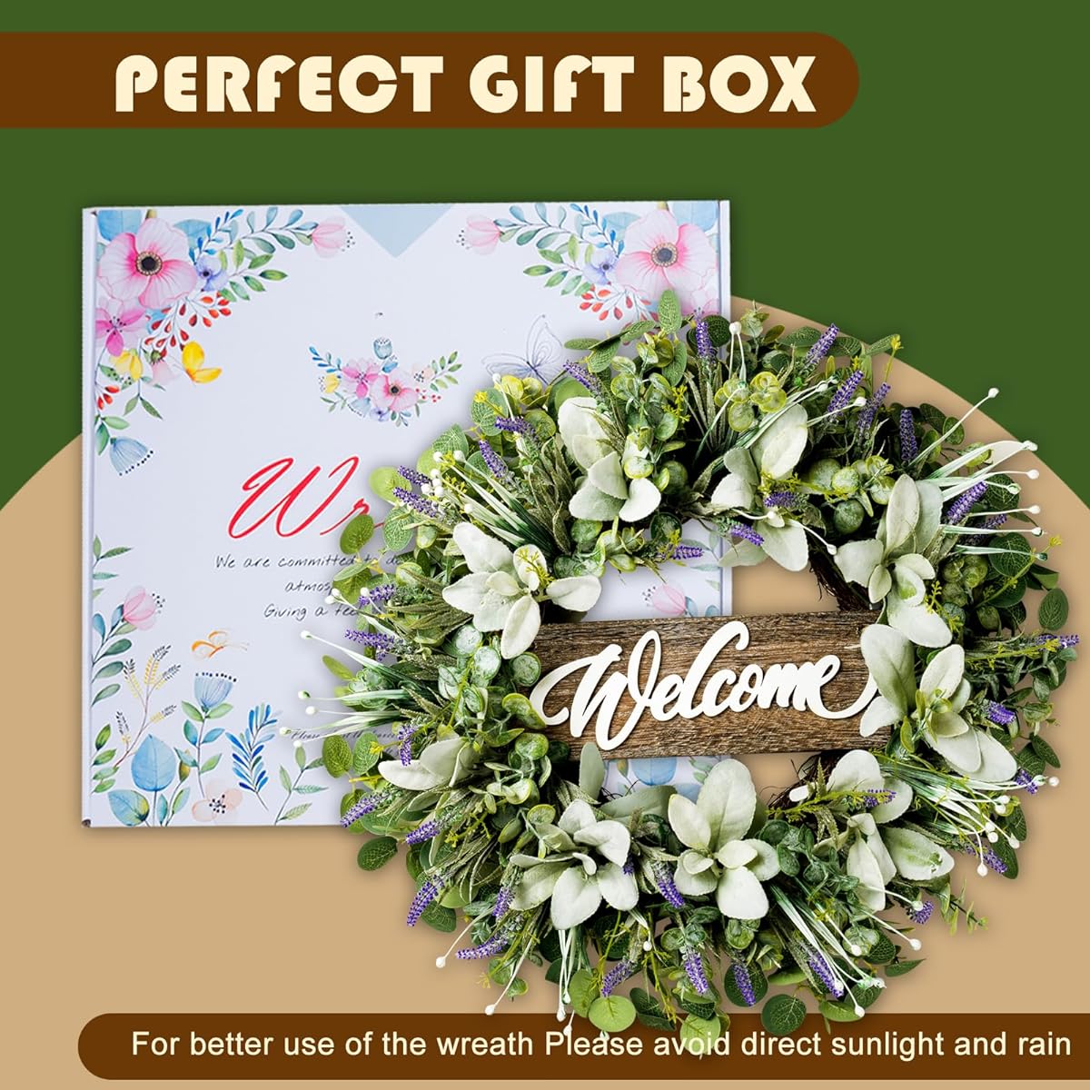 Soosubel Welcome Sign Wreath for Front Door, 20 Inch Green Eucalyptus Wreath Home Decor Lamb's Ear Wreath for Porch Wall Summer Spring