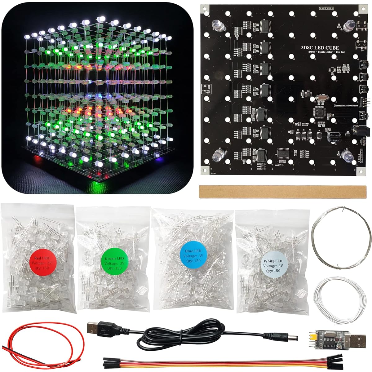Hexidos 8x8x8 LED Cube Kit DIY Electronic Kit Soldering Project Kit LEDs need to be soldered Content displayed can be modified (MULTI4)