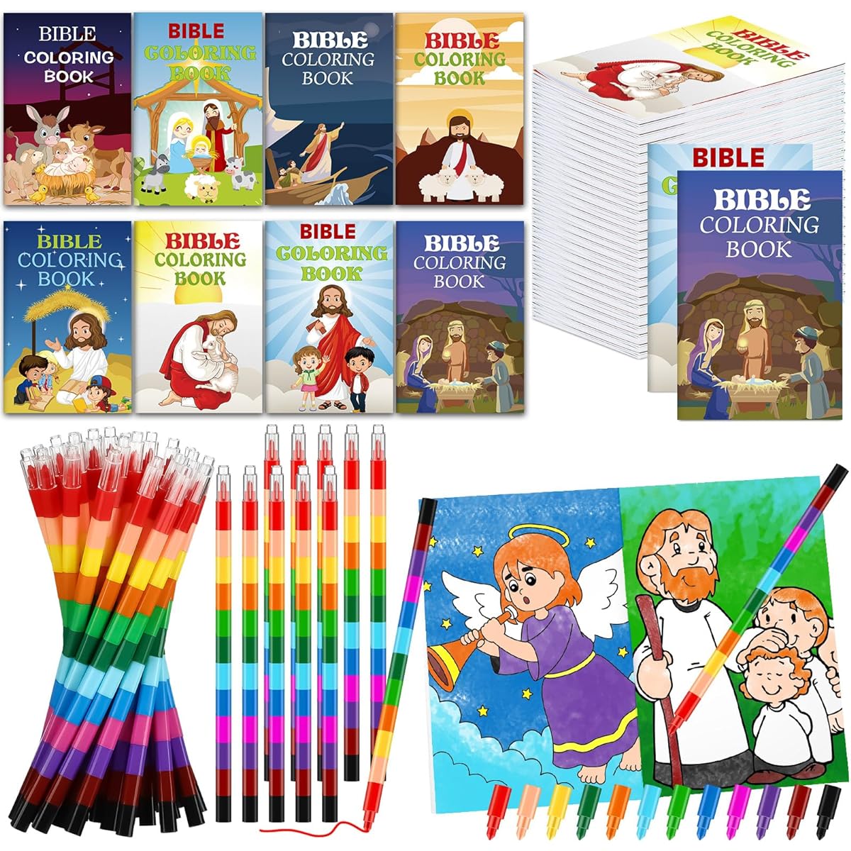 Fulmoon 72 Christmas Coloring Books with 72 Stacked Crayons, Christmas Party Favors, Mini Drawing Book for Kids, Christmas Gifts, Goodie Bag Rewards, Carnival Prizes, School Crafts (Holy)