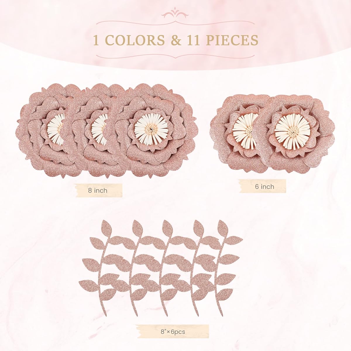 Fonder Mols Large 3D Paper Flower Decorations for Wall, Set of 6 Rose Gold, Wedding, Bridal Shower, Baby Shower, Nursery Decoration Centerpiece, Paper Rose Backdrop, Party, No DIY Needed