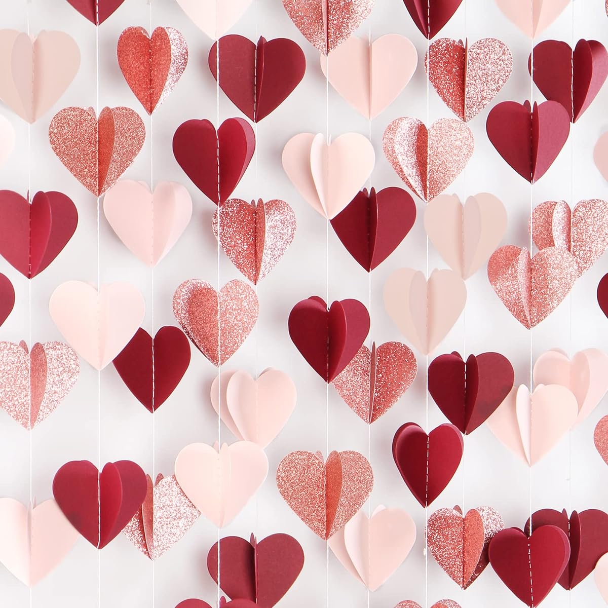 Rose Gold Pink Burgundy Red 3D Heart Garland - 39ft Valentine's Day Party Decorations Hanging Paper Streamer Banner Engagement Wedding Bachelorette Baby Bridal Shower Decor Ouruola