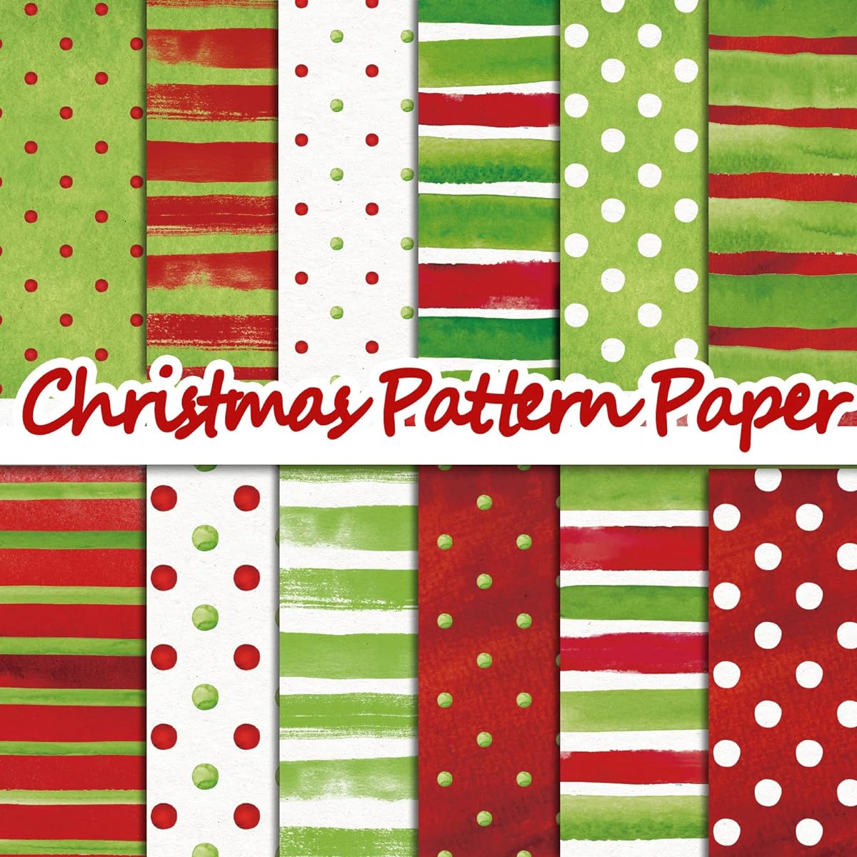 Whaline 24 Sheets Christmas Watercolor Pattern Paper Red Green Scrapbook Specialty Paper Polka Dots Stripes Double Sided Craft Paper DIY Card Making Photo Album Decoration 11.8 x 11.8 Inch