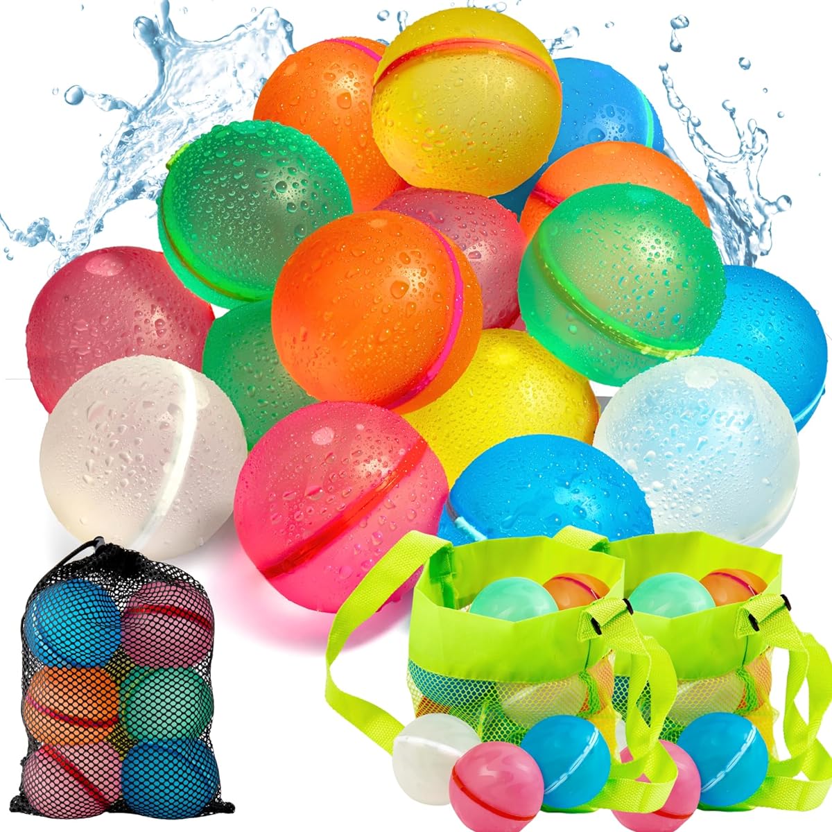 COLETA 16pcs Reusable Water Balloons Magnetic Self Seal with 2 Side Bags Refillable Latex Free Soft Silicone Bombs Quick Fill Balls for Boys Girls Gifts Toys Outdoor Activities Pool Beach Splash Fun