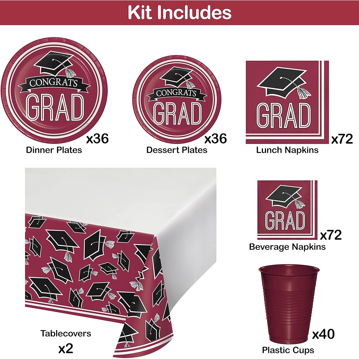 Graduation School Spirit Burgundy Red Party Supplies Kit Serves 36