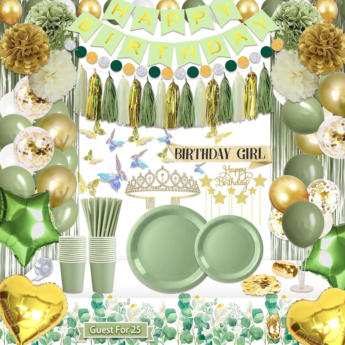 Guudmua 181 Piece Sage Green Birthday Decorations Balloon Kit