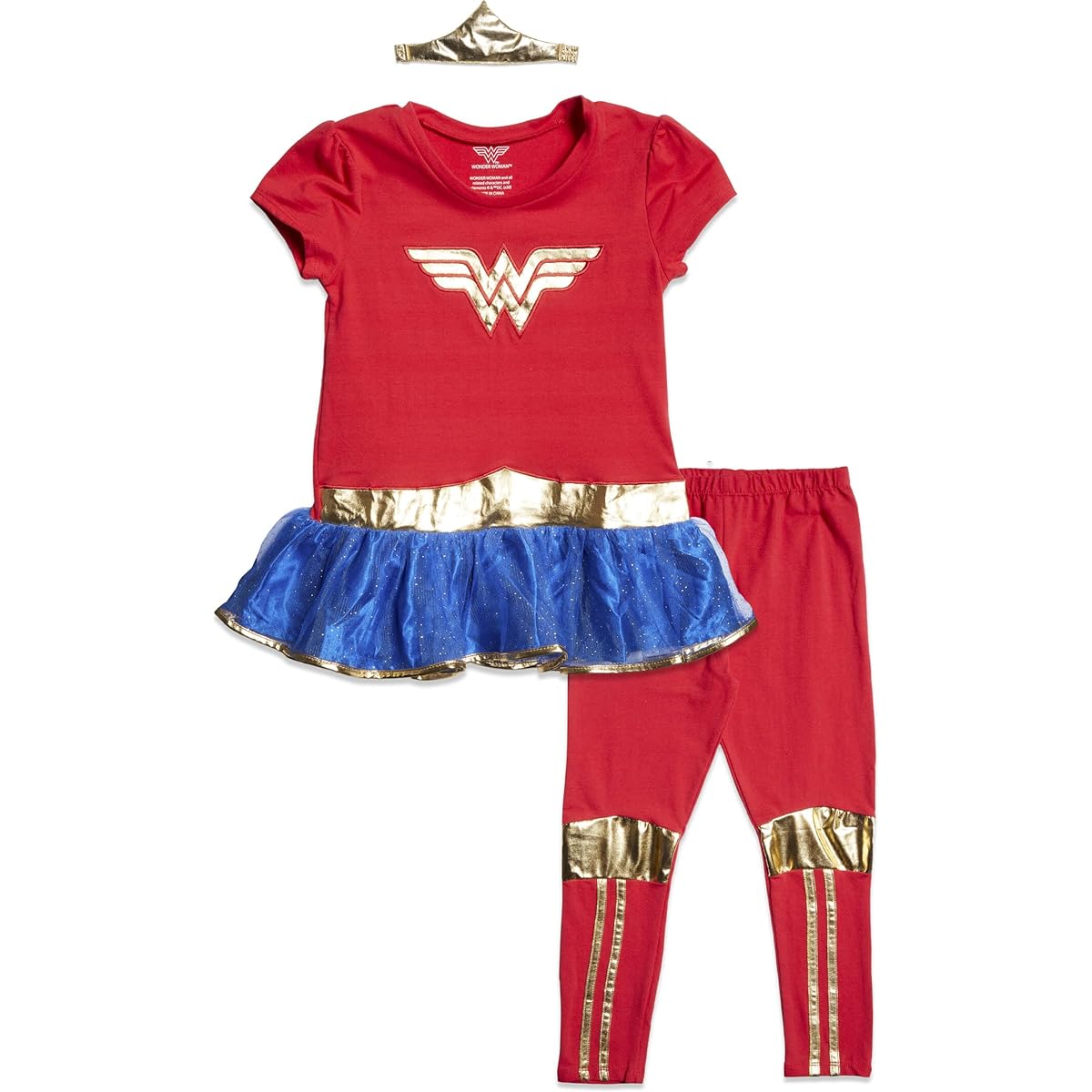 DC Comics Justice League Wonder Woman Girls Cosplay Costume Dress Leggings Headband 3 Piece Set for Toddlers to Big Kids