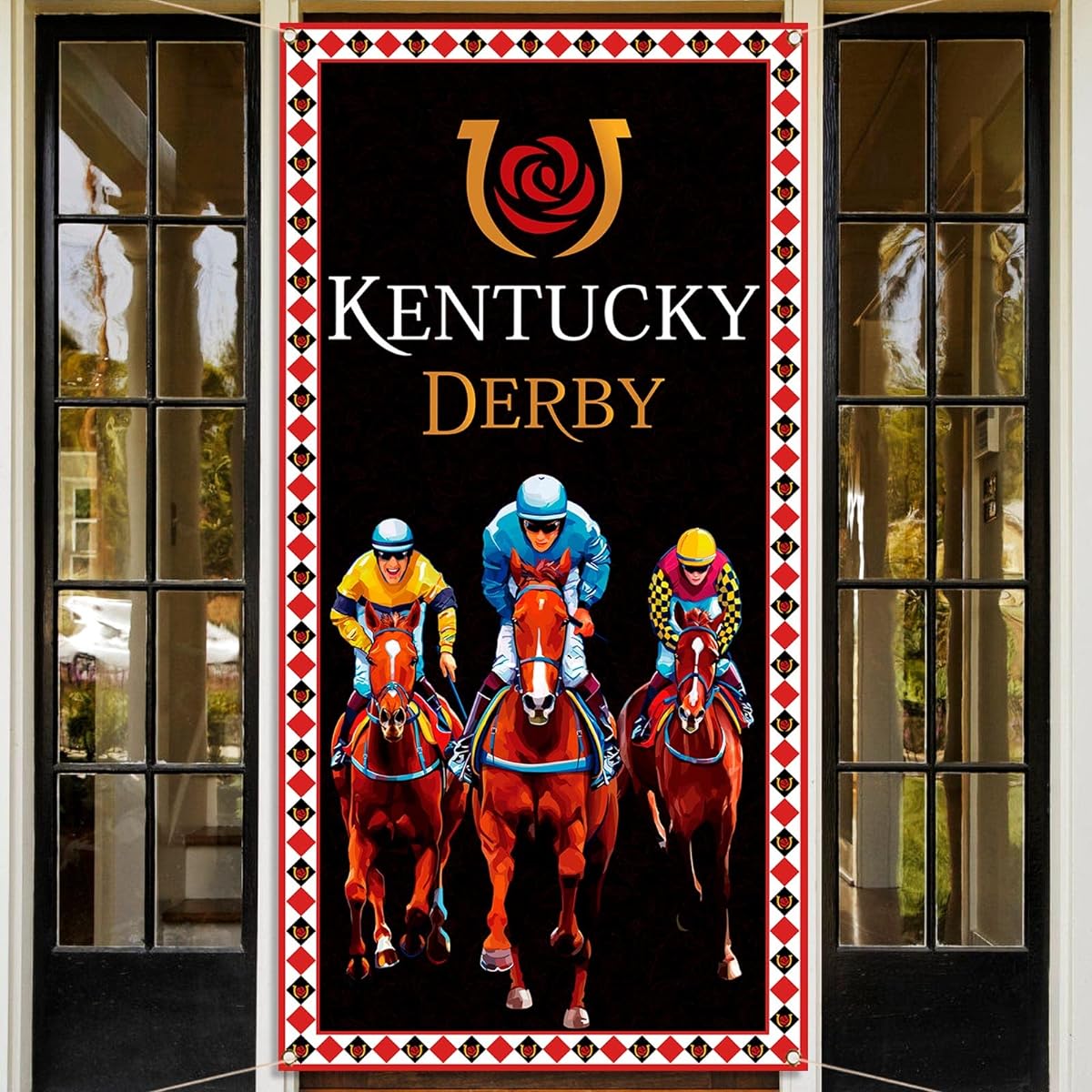Kentucky Derby Door Cover Jockey Horse Racing Party Banner Decoration Run Roses Indoor Outdoor Backdrop Home Decor Supplies