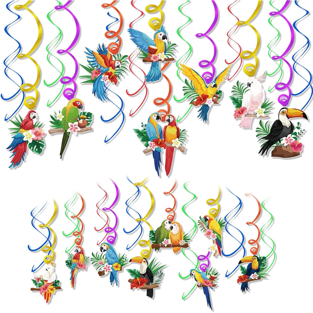 HOWAF 30pcs Tropical Bird Decorations Luau Hawaiian Toucan Birthday Party Hanging Swirl Foil Ceiling Decor for Summer Aloha Hawaiian Beach Pool Party Tiki Party Supplies