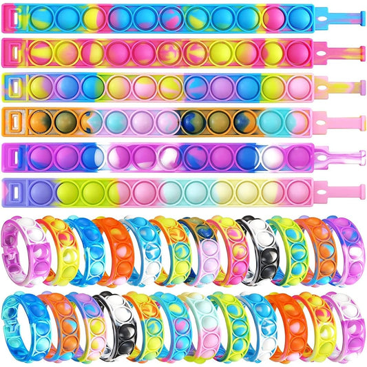 120pcs Random Pop Fidget Toys Fidget Bracelets Sensory Toys Mochi Squishy Wearable Push Pop Bubble Sensory Toys Stress Relief Finger Press Silicone Wristbands for Kids and Adults ADHD Autism Anxiety
