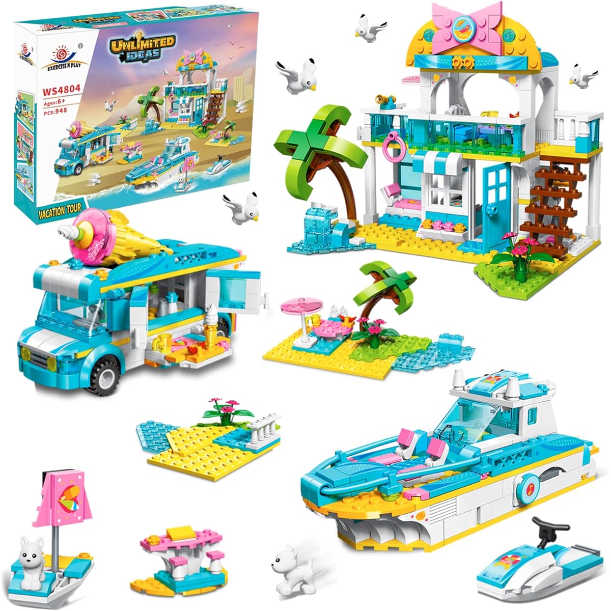 Friends Beach Glamping Building Kit Vacation Tour Construction Set Camper Beach House Boat Building Blocks Set, Ideal Creative Christmas Birthday Gift for 6-12 Year Old Girls (948 Pieces)