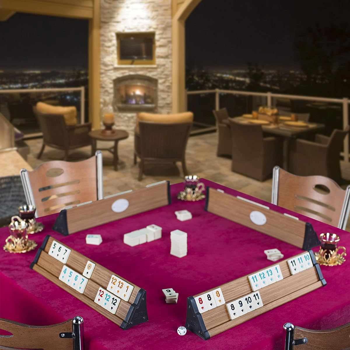 LaModaHome Star VIP Glossy Light Wooden Rummy/Oakie/101 Game Set with Tile Bin and Dice for Adults, Great for Game Nights/Team Games/Gatherings, Outdoor and Indoor Use