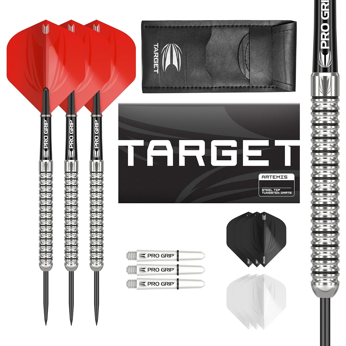 Target Darts Artemis 25G Tungsten Steel Tip Dart Set - 6 Pro Grip Shafts - 9 Pro Ultra Flights - Dart Wallet - Dart Counter App Coupon Bundle