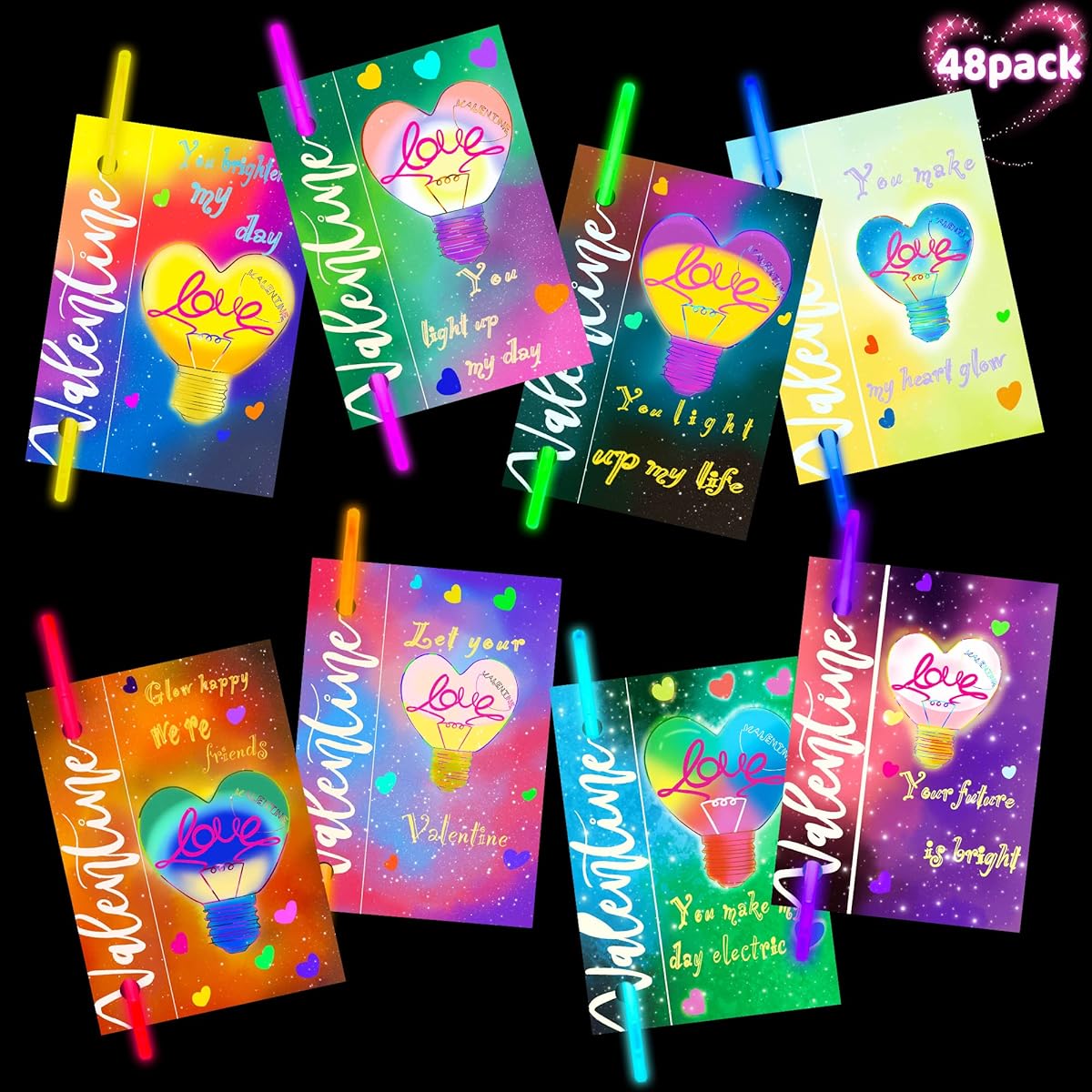 HONGTEYA Valentine Cards 48 Pack Valentine's Day Cards with Glow Sticks for Kids/Girls/Boys