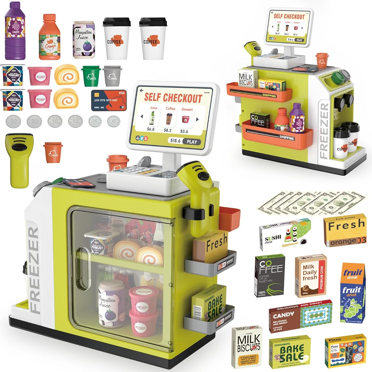 WASAiKA Cash Register for Kids Pretend Play Store with Scanner and Calculator, Coffee Machine, Credit Cards, Pocket Money, Pretend Play for Toddlers, Gift for Boys and Girls Ages 3+ (Green)