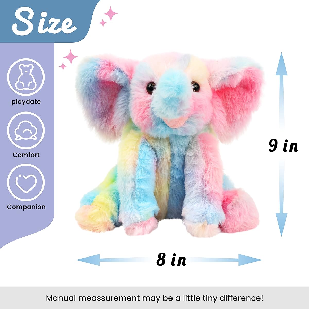 Hopearl Adorable Plush Rainbow Calf Elephant Toy Floppy Elefish Ultra Soft Stuffed Animals for Boys Girls Kids Toddlers Colorful 9"