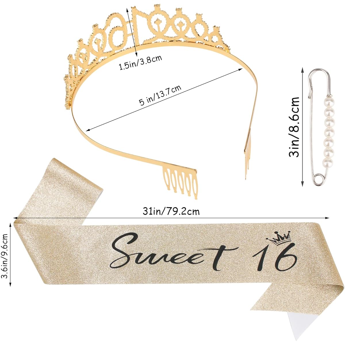 16th Birthday Tiara and Sash Kit - "Sweet 16" Birthday Decorations, 16th Birthday Party Gifts, Birthday Party Supplies for Girls (Gold)