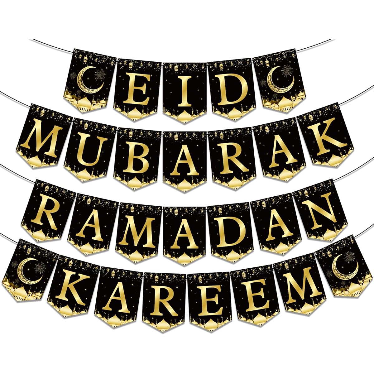 Ramadan EID Banner Party Decorations Black Gold Moon Lantern Ramadan Mubarak Hanging Bunting EID Mubarak Hanging Banner Party Supplies Home Wall Door Fireplace Mantle Ramadan EID Party Favors