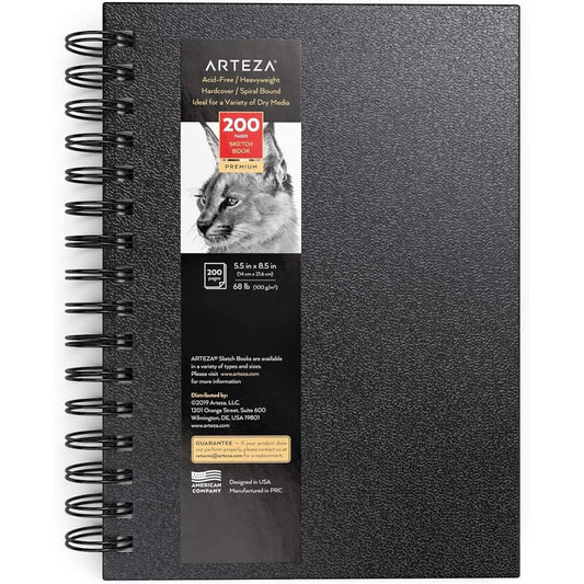 Arteza Small Sketchbook 5.5x8.5 Inch Black Sketch Pad 100 Sheets 70lb 100GSM Paper Hardcover Spiral Bound Drawing Book Use with Pencils, Charcoal, Pens, Crayons and Other Dry Media