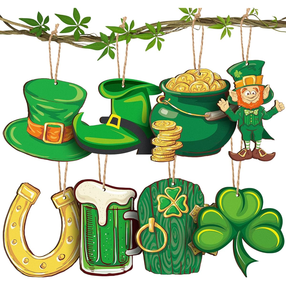 St. Patrick's Day Wooden Gnome Ornaments, Gnome Wooden Pendant Decorations, Shamrock Pot, Gold Coin Leprechaun Cutouts, St. Patrick's Day Home Decor, Holiday Farmhouse (Shamrock Style) 40 Pieces