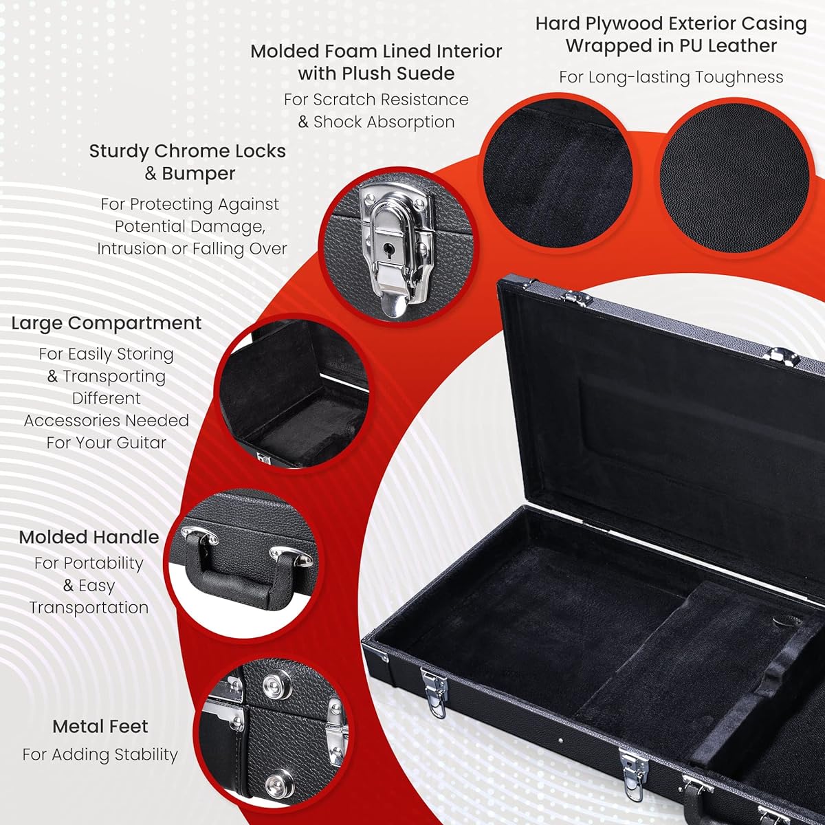 AW Universal Square Electric Guitar Hard Case Wood Hardshell Carry Case with Locking Latch Key Black