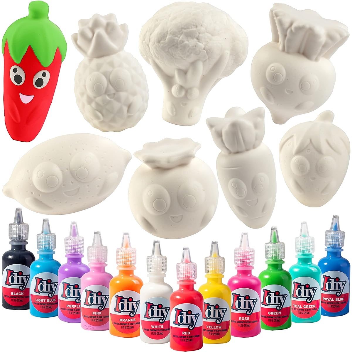 Jumbo Fruit & Veggie Squishy (with 12 Shapes and 12 Fabric Paints) - White Kawaii Scent Slowly Recovering Squishy Toy Decoration Scented Stress Relief Craft Kids School Birthday Party Activity Gift (4-6 inches)