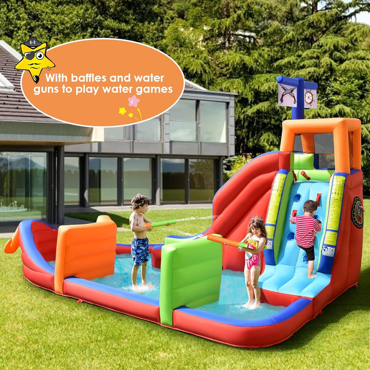 BOUNTECH Inflatable Water Slide 6 in 1 Pirate Ship Giant Water Slide Park for Outdoor Fun with GFCI 750W Blower Splash Pool Darts Game Water Slide Inflatable for Kids and Adults Backyard Party Gift