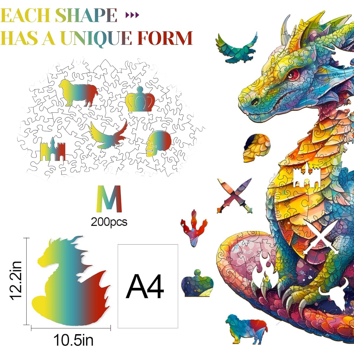 KAAYEE Wooden Jigsaw Puzzle Wooden Puzzle for Adults Unique Shape Advanced Dragon Wooden Jigsaw Puzzle for Adults Family Puzzle 12.2 * 10.5 Inch 200 Pieces