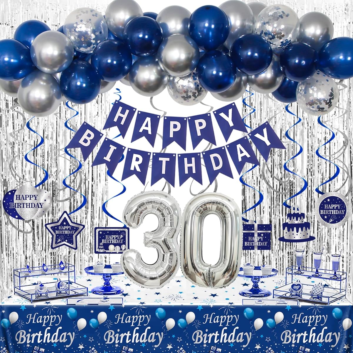 30th Birthday Decorations Blue and Silver 30th Birthday Party Decorations for Men Happy Birthday Banner 30th Birthday Balloons Tablecloth Fringe Curtain Hanging Swirls Birthday Party Supplies